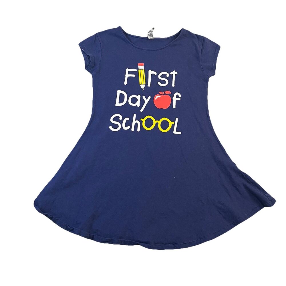 First Day of School Dress Navy Blue Short Sleeves Girls Youth Size 6T Apple